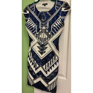 Express Sequin Geometric Art Deco Flapper Dress Blue Silver White‎ Size S